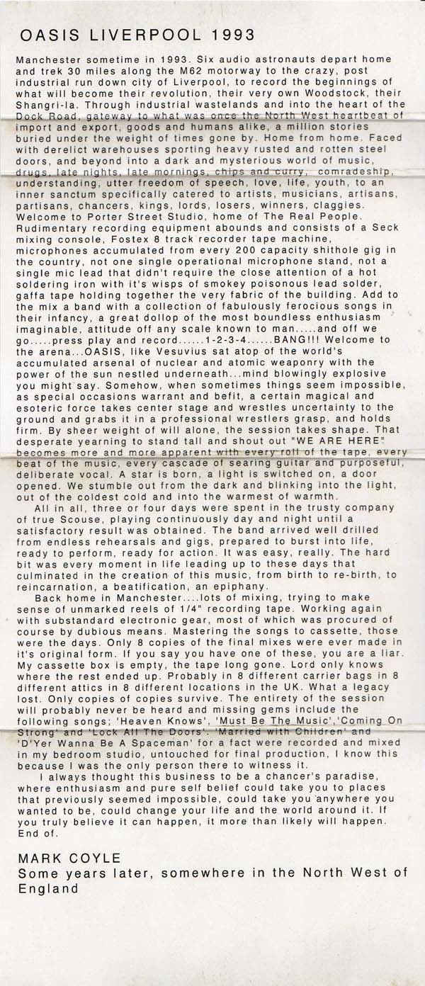 Oasis at Real People Studios; 15 Porter Street, Dock Road, Liverpool, UK - March 11, 1993